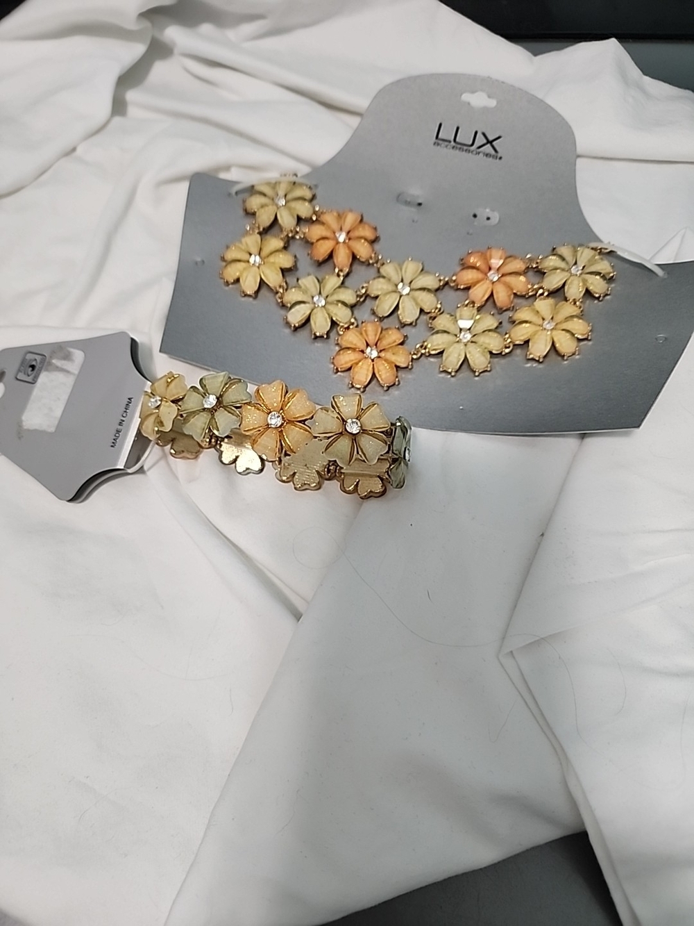 LUX Flower Statement Necklace & Bracelet Set in Gold and Peach